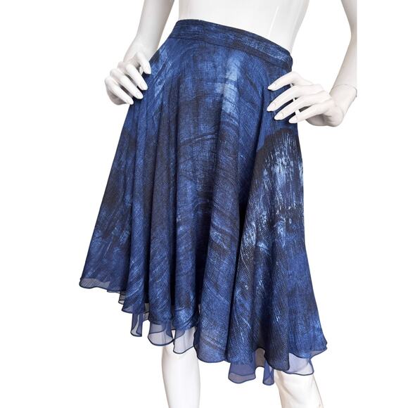 Ralph Lauren Black Label Skirt Silk Chiffon A-Line Blue Shibori Brushstroke - Picture 1 of 8